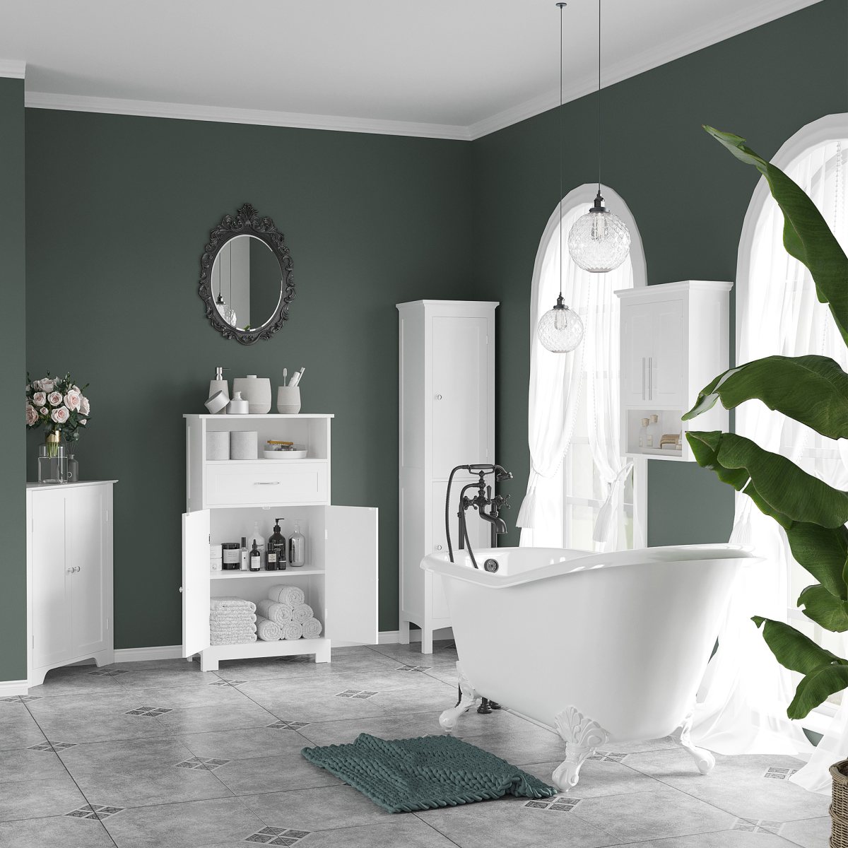 kleankin Tall Bathroom Cabinet, Double Door, Adjustable Shelves, White
