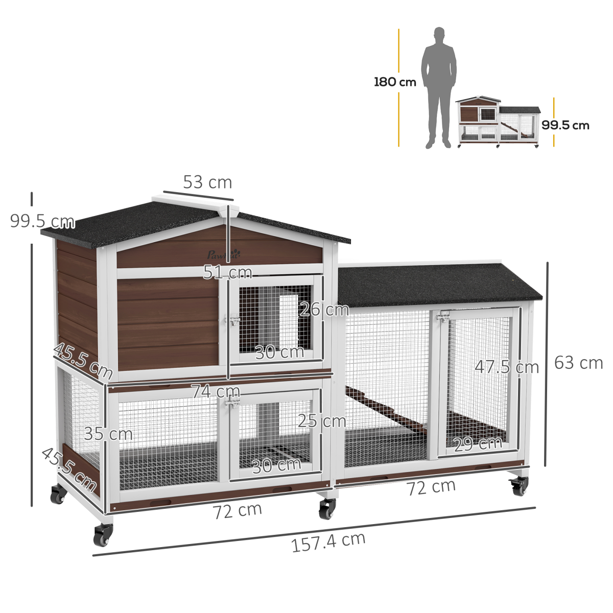 PawHut Wooden Rabbit Hutch with Wheels, Run and Ramp, Brown
