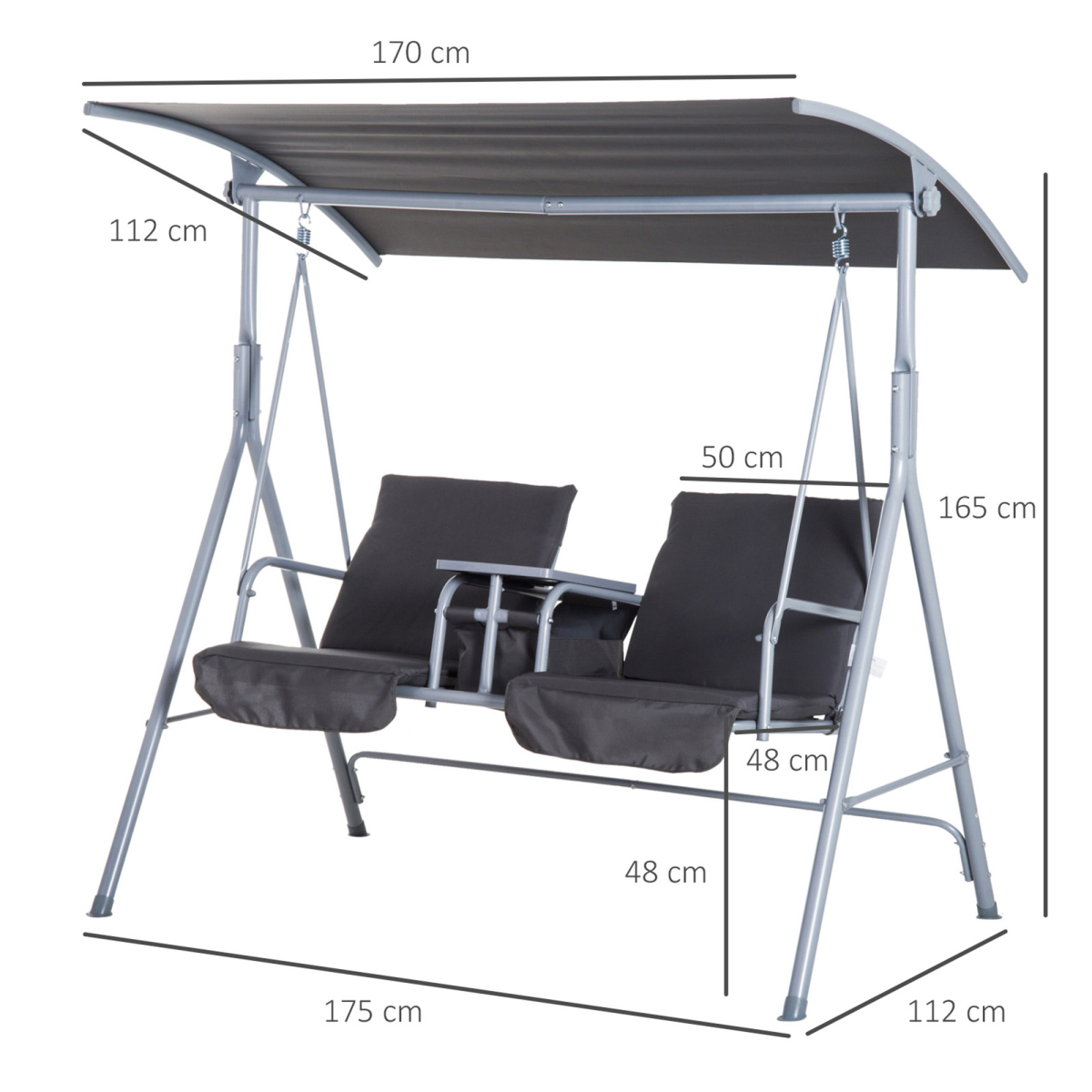 Outsunny Grey Steel Frame 2-Seater Swing Chair with Table and Cup Holders