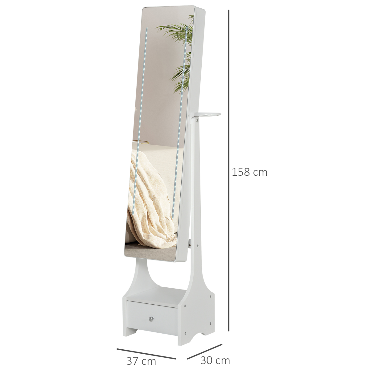 Freestanding Jewellery Armoire Mirror with LED Lights, Hooks & Drawer