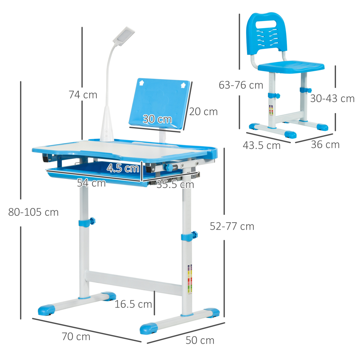 HOMCOM Kids Adjustable Study Desk and Chair Set with USB Lamp, Blue