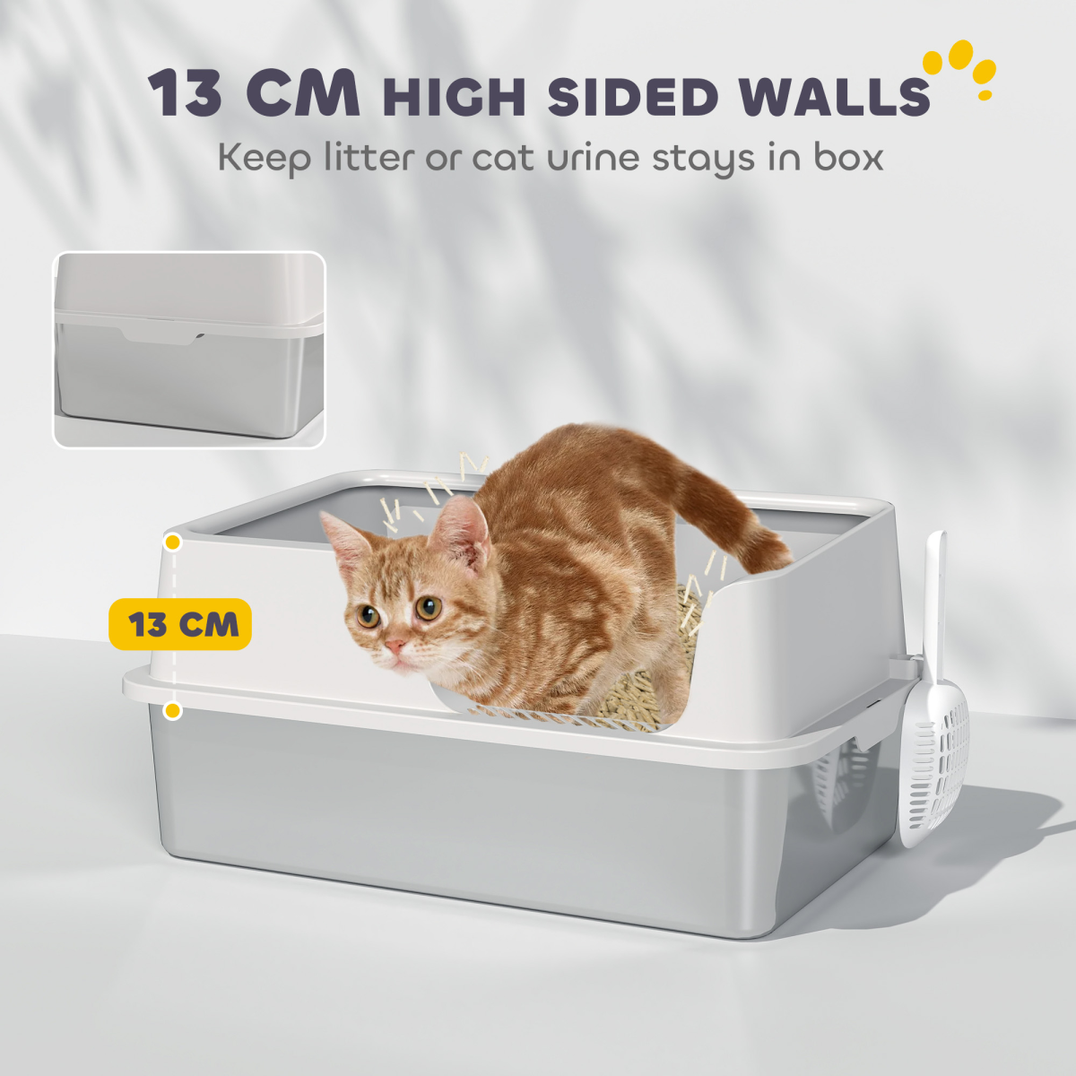 PawHut High-Sided Stainless Steel Cat Litter Tray with Scoop