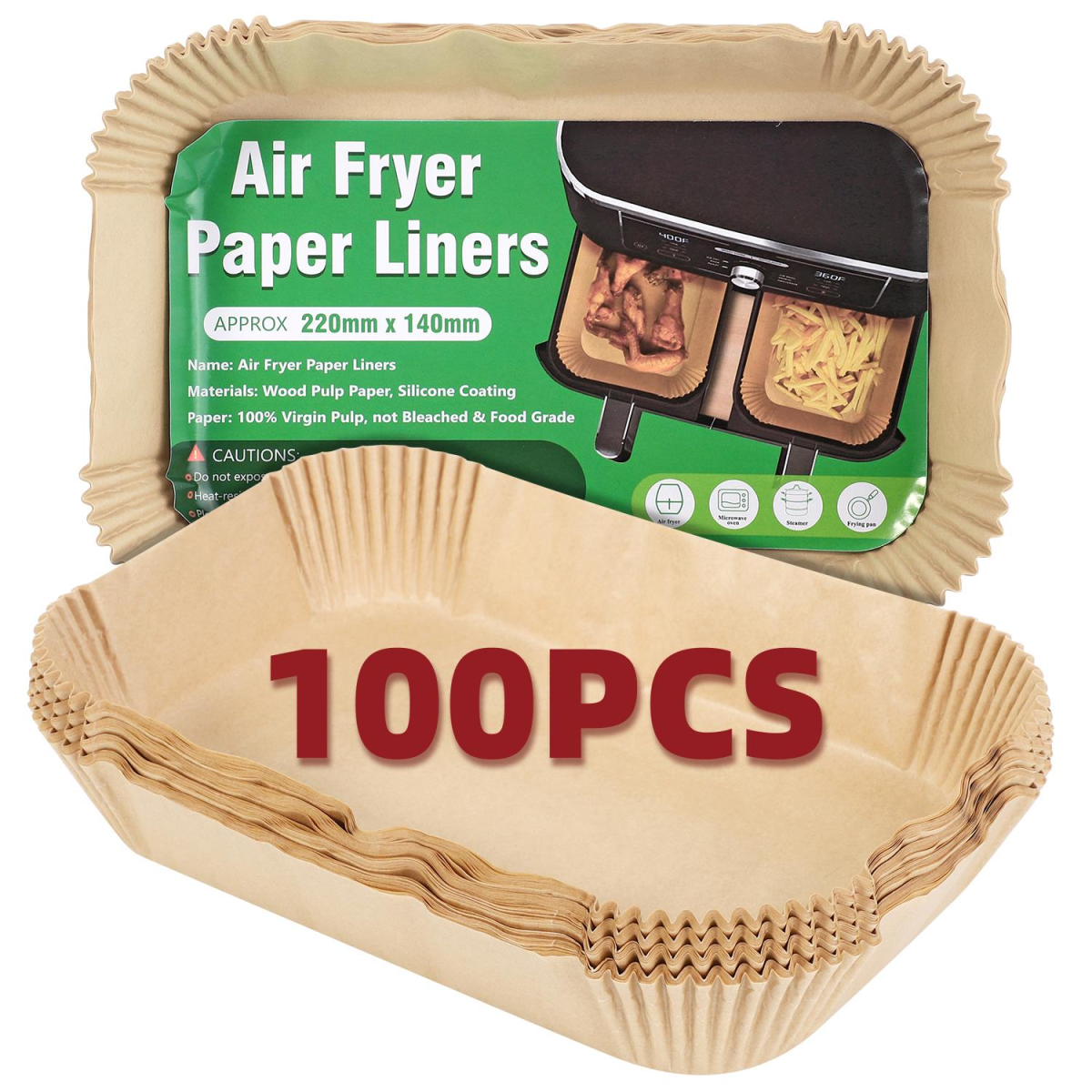 Vinsani 100 Pack Air Fryer Paper Liners, Non-Stick, Greaseproof, 21.8 x 14 cm, Wood Pulp with Silicone Coating