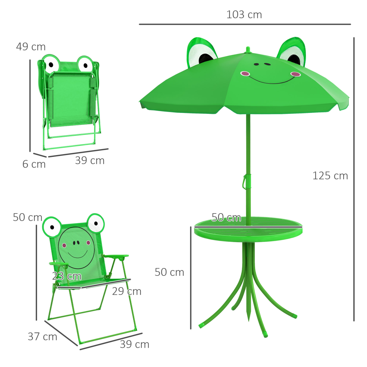 Foldable Kids Metal Patio Picnic Table Set with 2 Chairs and Parasol Umbrella, 4-Piece