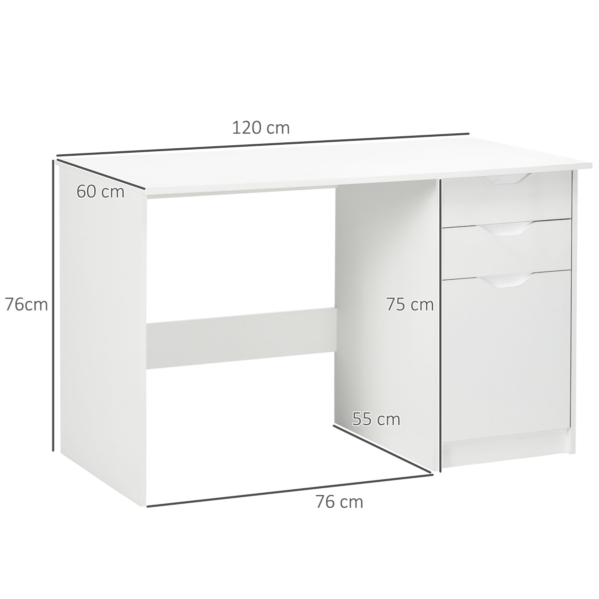 HOMCOM White Computer Workstation with 3 Drawers for Home Office, Study Desk