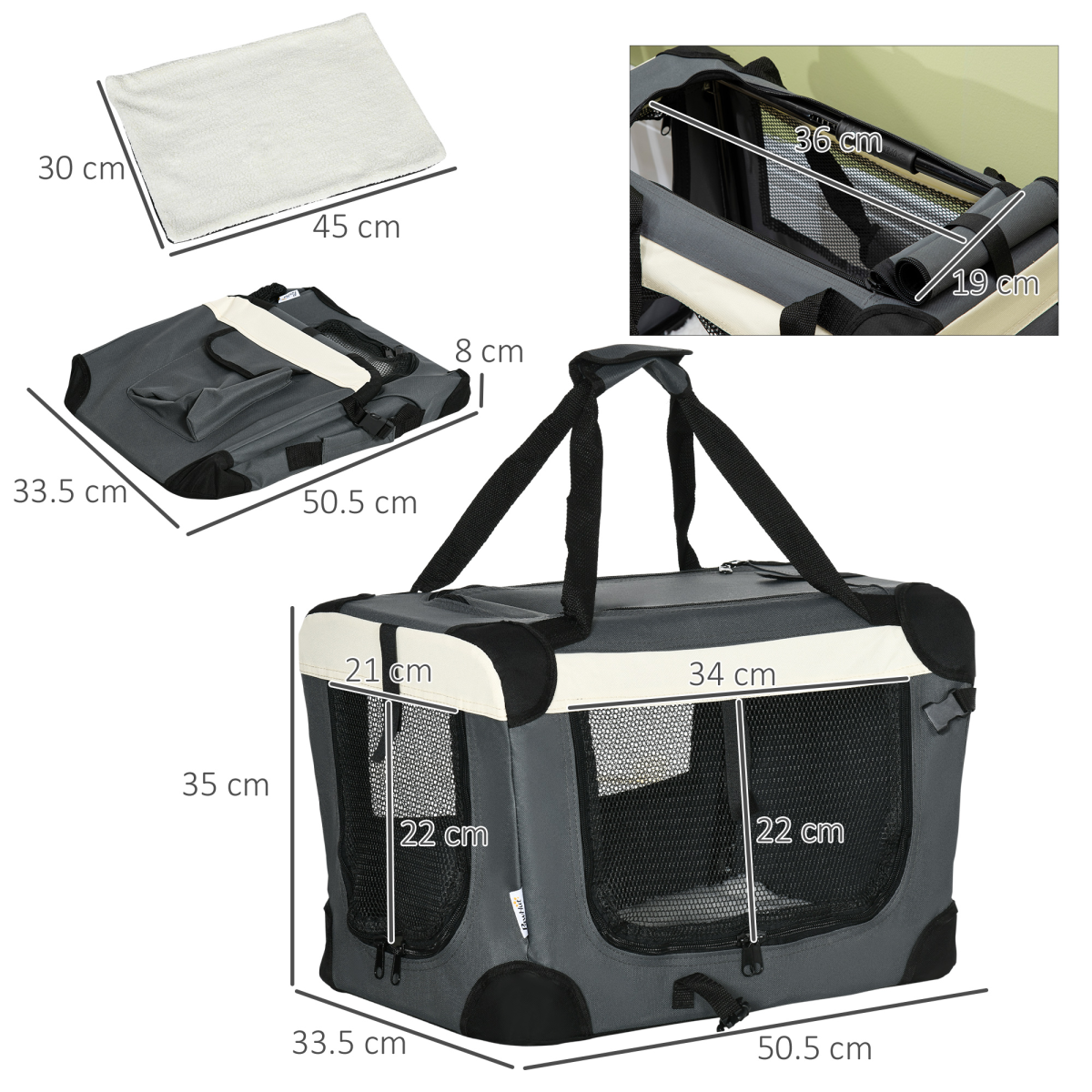 51cm Foldable Pet Carrier with Cushion for Cats and Small Dogs, 3 Doors, Mesh Windows, Foldable Carrier Bag
