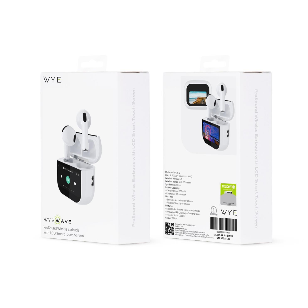 WYEWAVE ProSound Wireless Earbuds, Bluetooth 5.3, LED Display, ANC, White