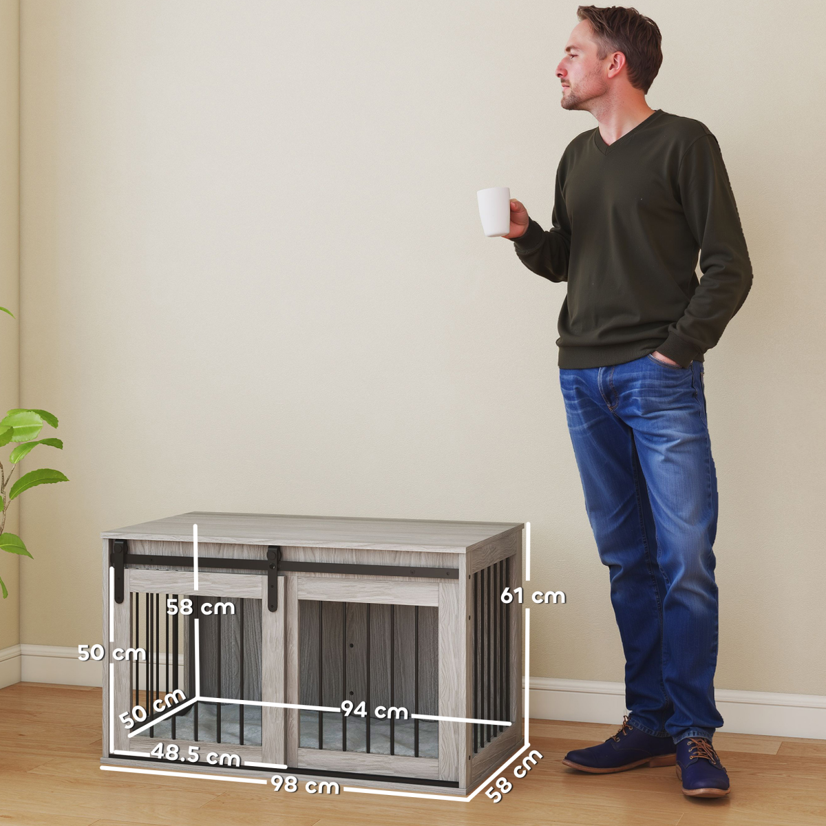 PawHut Grey Dog Crate Furniture with Cushion, Side Table for Large Dogs