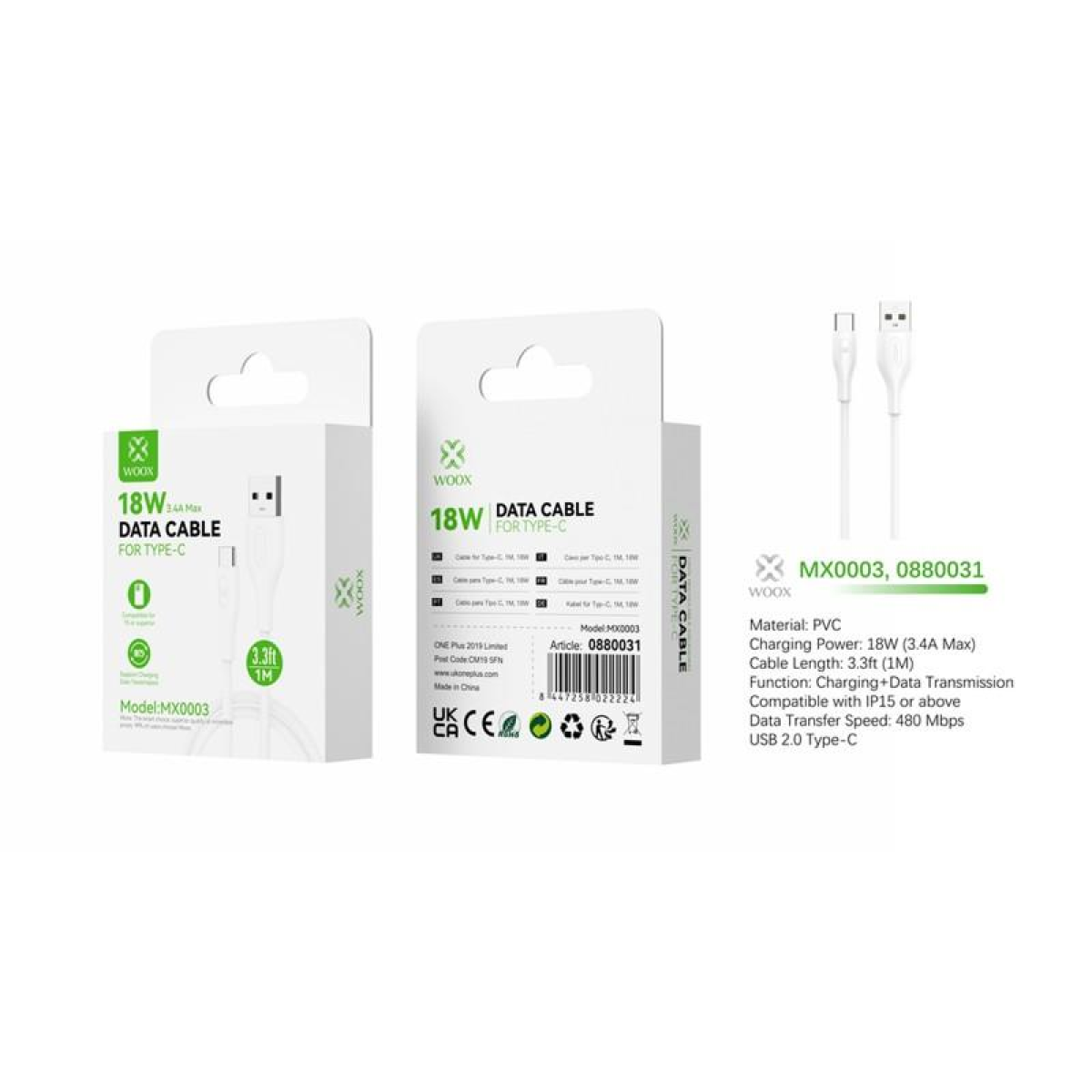 Woox MX0003 USB to Type C PVC Data Cable, 18W, 3.3ft 1m, White