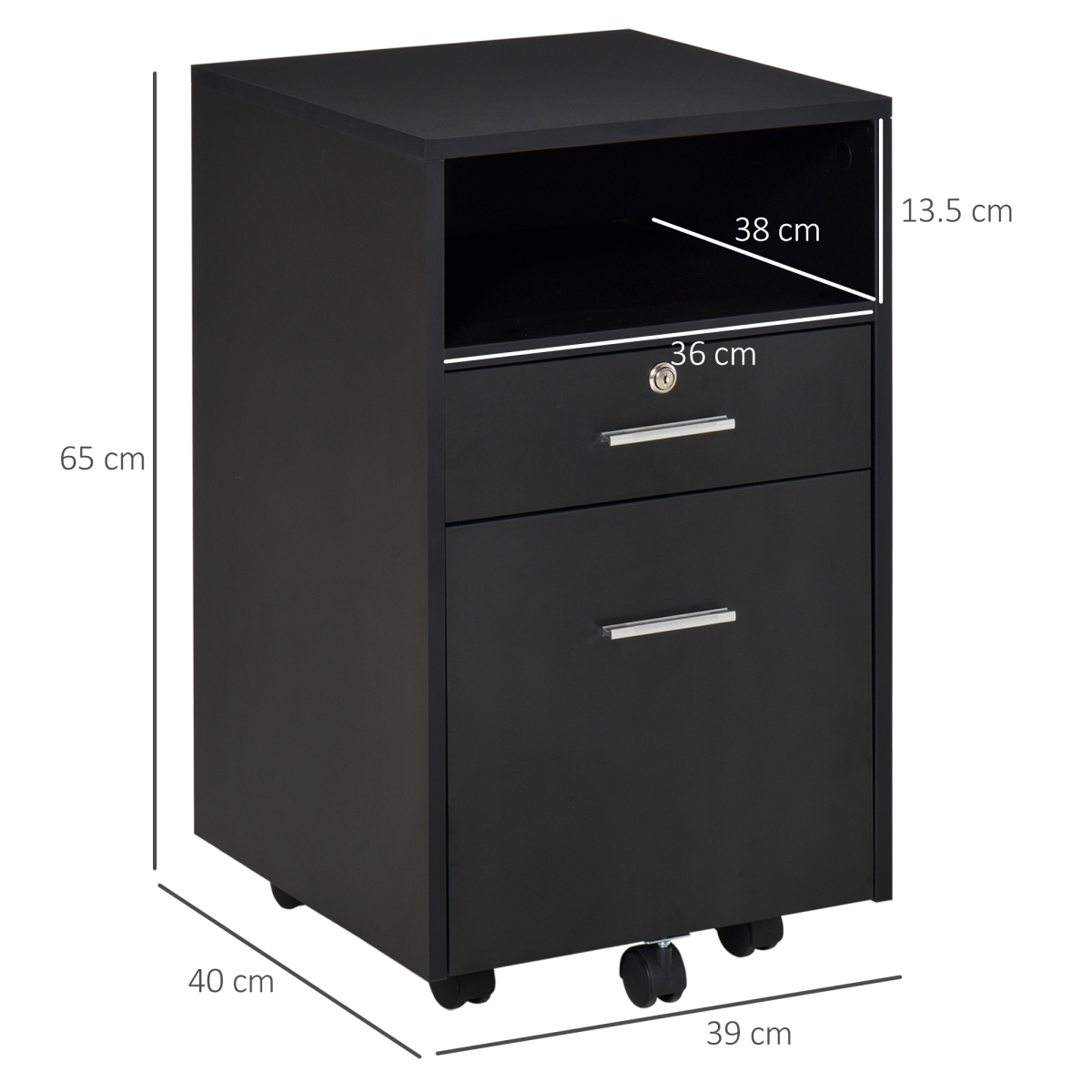 Mobile Lockable File Cabinet with 5 Wheels, Small Drawer and Open Shelf, Black