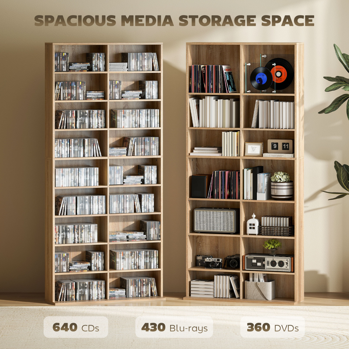 HOMCOM 640 CD 360 DVD Storage Tower, 18 Compartments, Natural