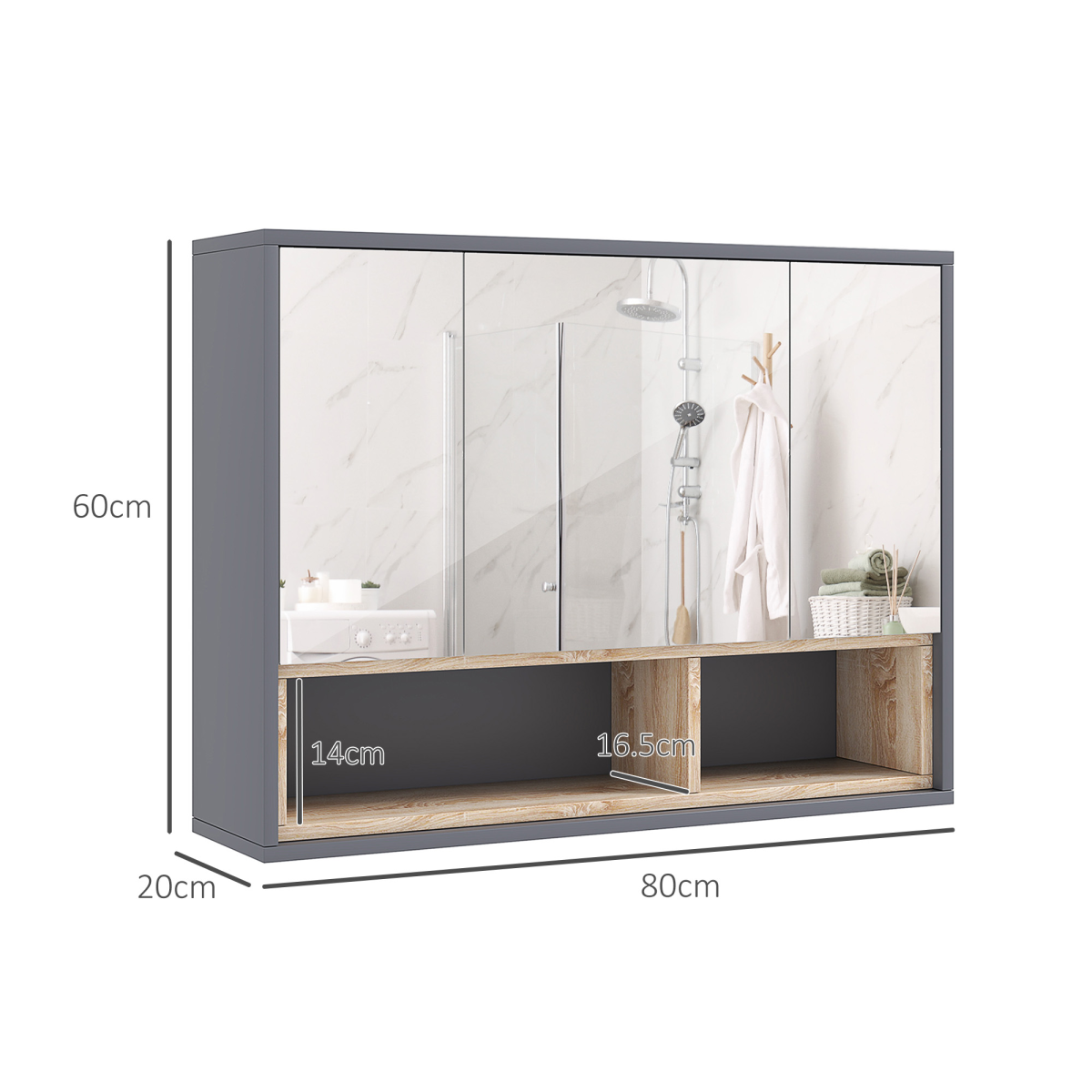 HOMCOM Wall Mounted Mirrored Bathroom Cabinet with Shelves, Grey