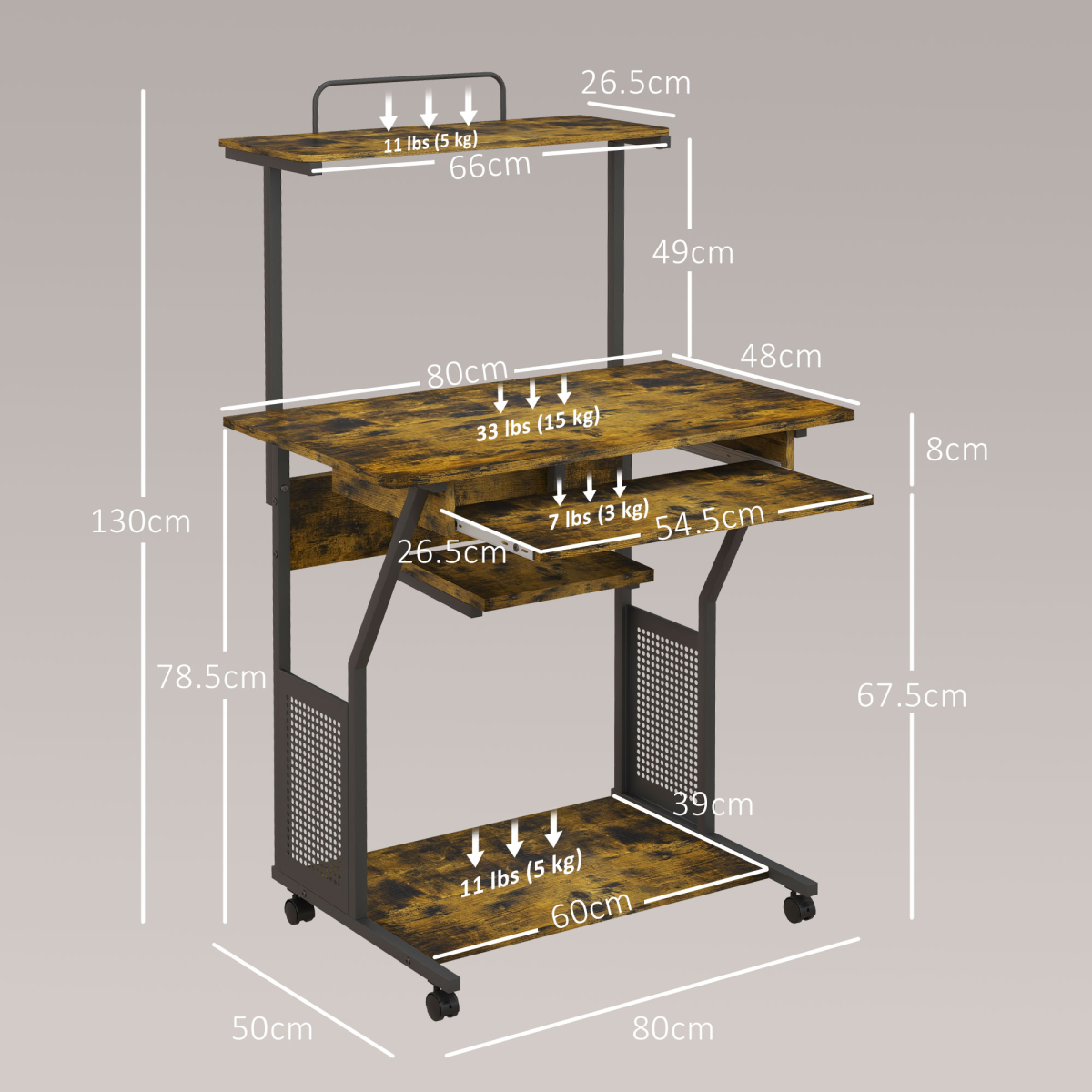 HOMCOM Rolling Computer Desk with Keyboard Tray, Storage Shelves