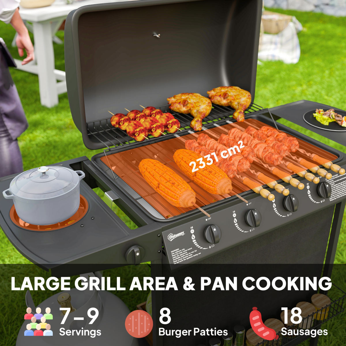 Outsunny 5-Burner Gas BBQ Grill with Side Burner, Lid, Black