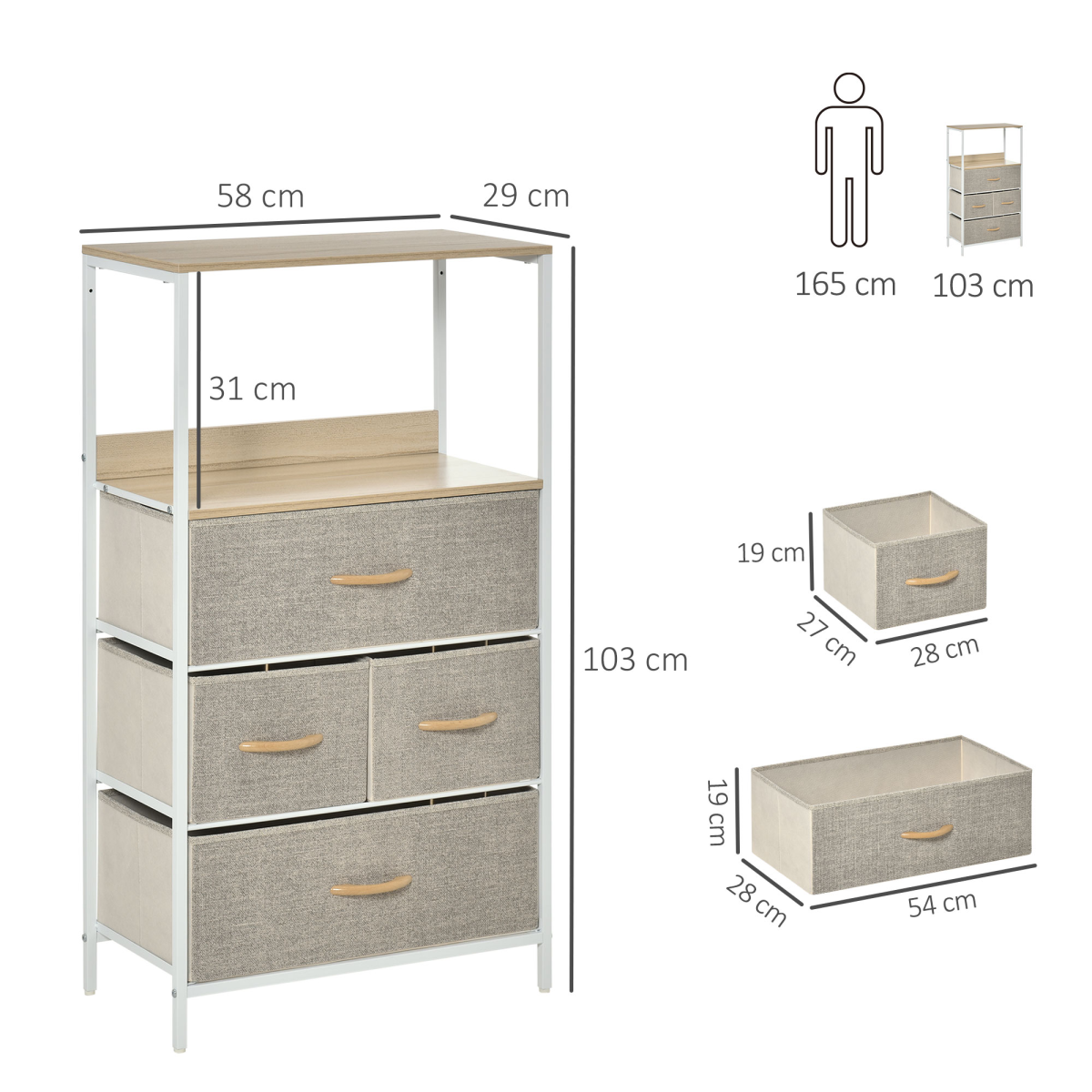 HOMCOM Chest of Drawers with 4 Fabric Bins and 2 Shelves, White