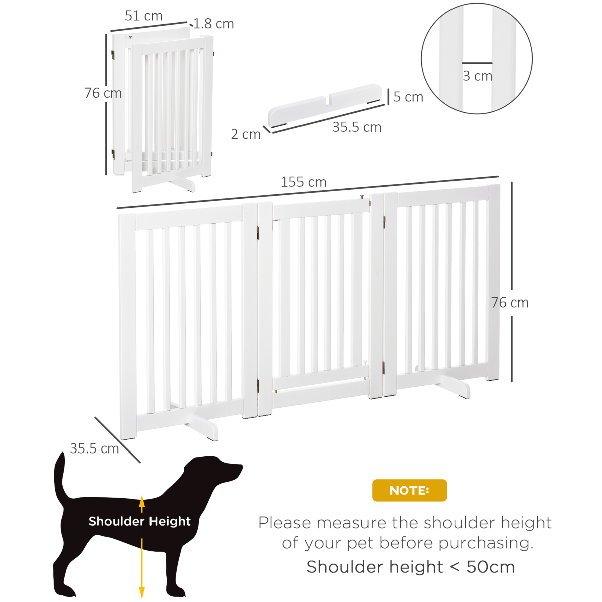PawHut 3-Panel Freestanding MDF Dog Gate with Latch, Folding Panel Fence