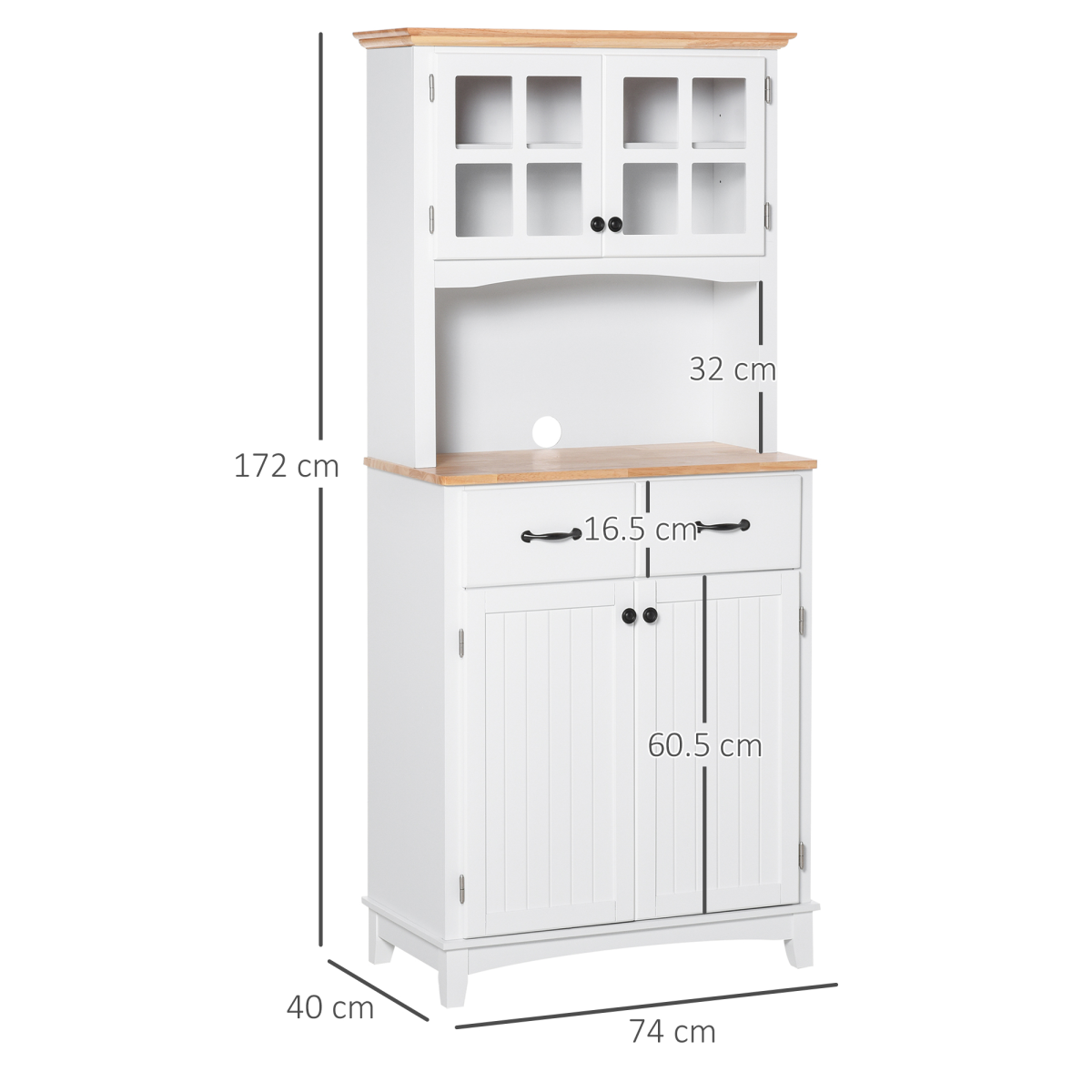 HOMCOM Kitchen Cupboard with Framed Glass Doors, 2 Drawers, Microwave Counter, White