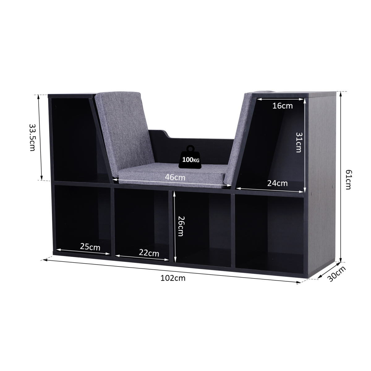 HOMCOM Kids Reading Seat Bookcase Storage Unit with Cushion Black