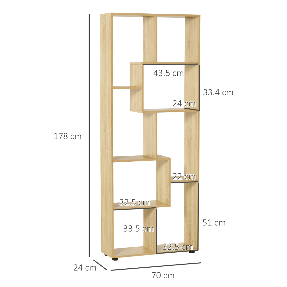 HOMCOM 178cm 8-Shelf Oak Tone Bookcase with Melamine Surface and Anti-Tipping Design