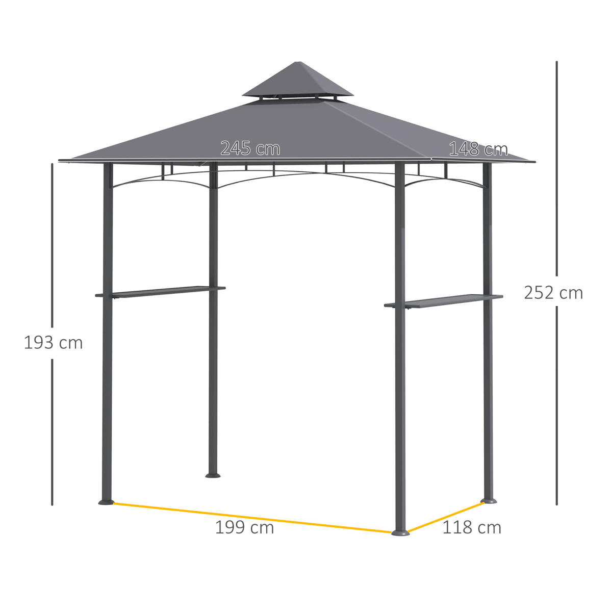 Outsunny 2.5M 8ft Double-Tier BBQ Gazebo Grill Canopy with Side Shelves, Grey
