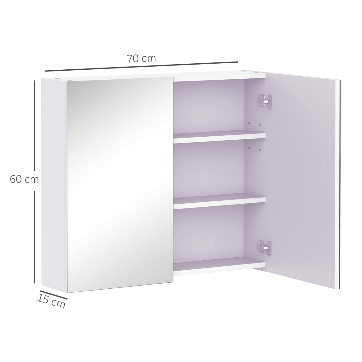 Wall Mounted Bathroom Mirror Storage Cabinet with Adjustable Shelf, 60H x 70W x 15Dcm