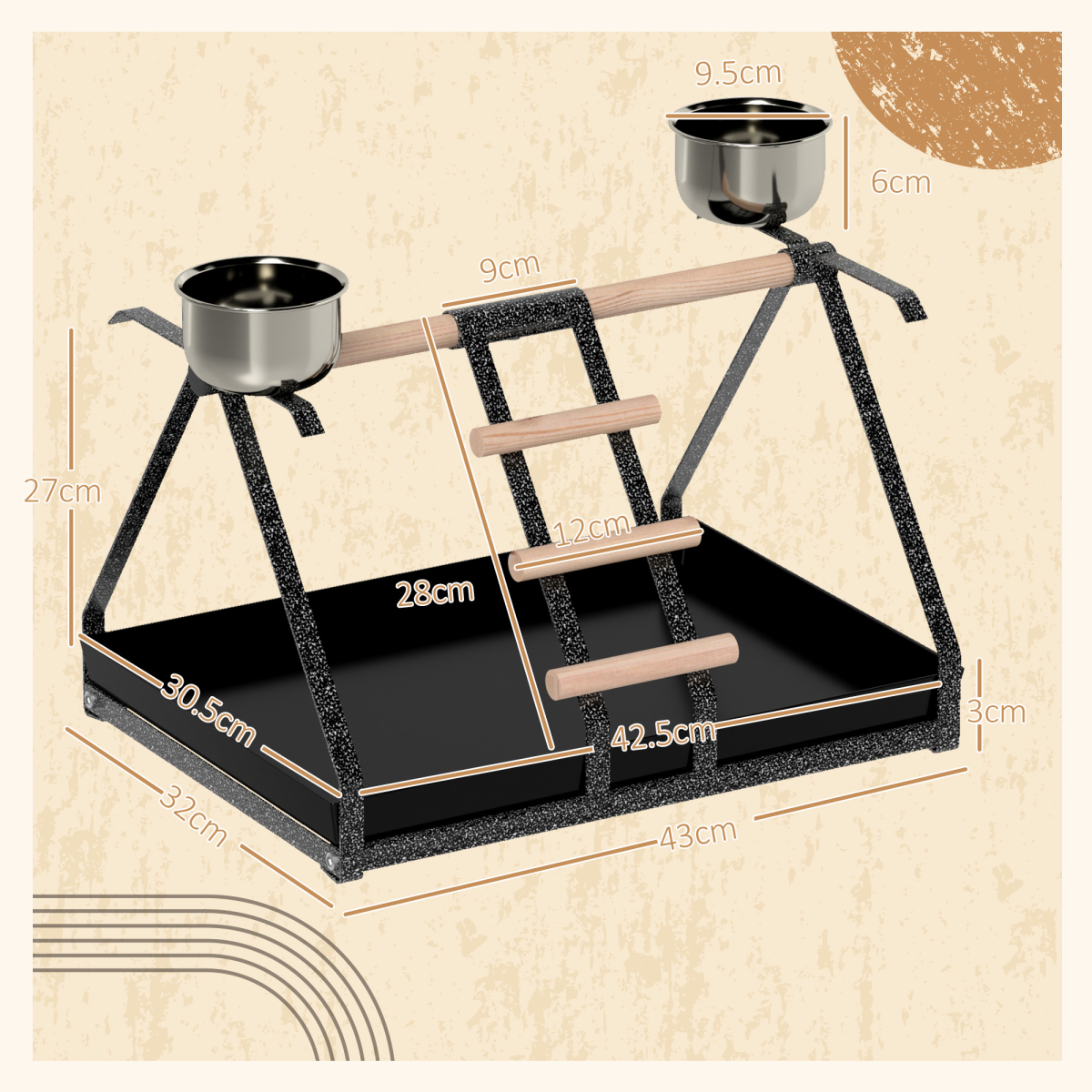 Portable Bird Stand Resting Stainless Steel Base Perch Ladder Bowls
