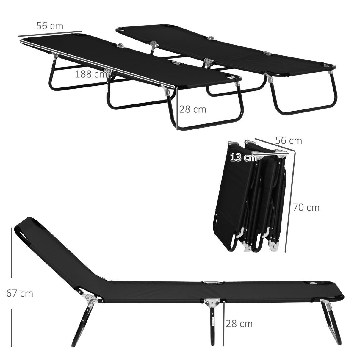 Outsunny Set of 2 Folding Sun Loungers with Adjustable Backrest, Black