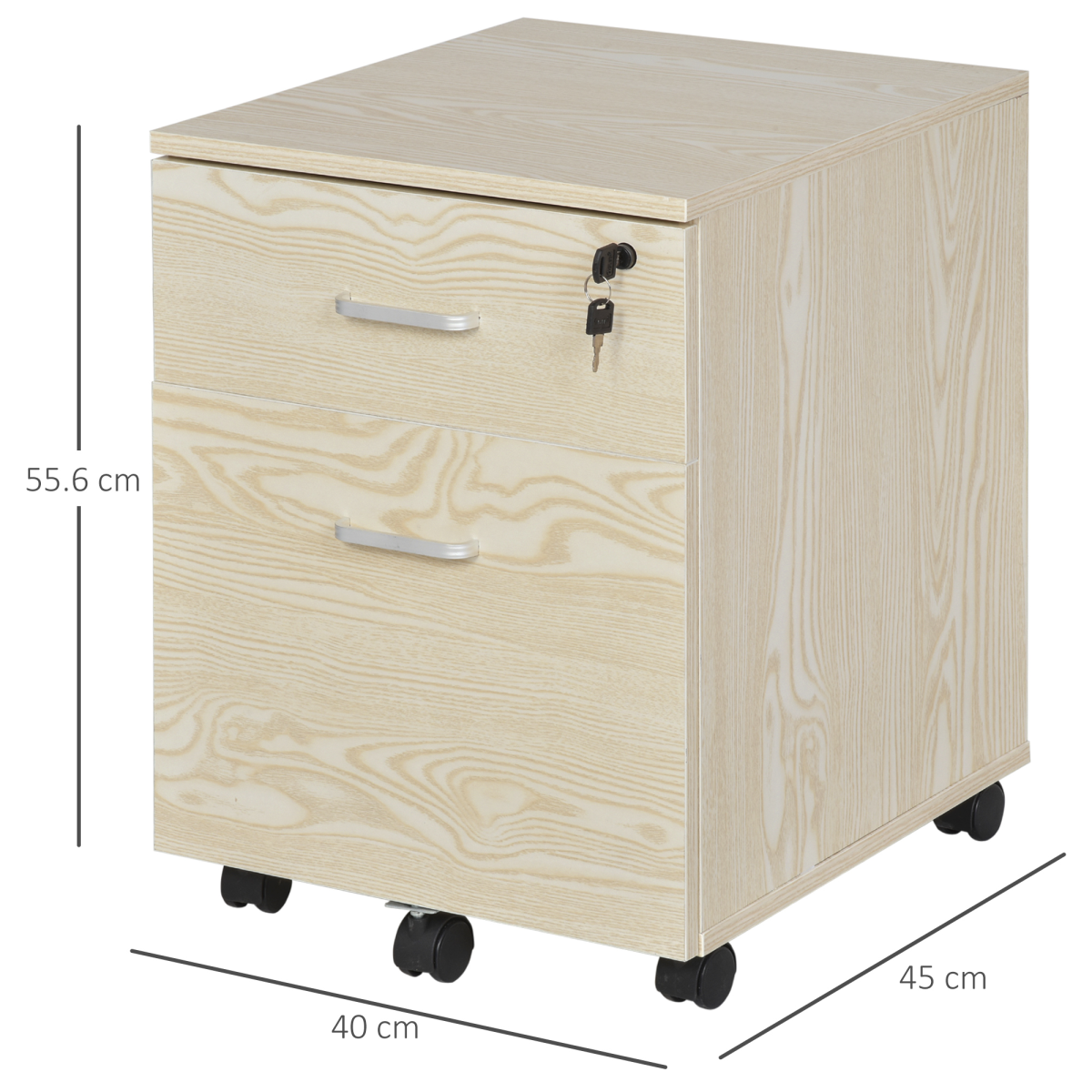 2-Drawer Locking Office Filing Cabinet with 5 Wheels, Oak Finish, Rolling Storage Cabinet