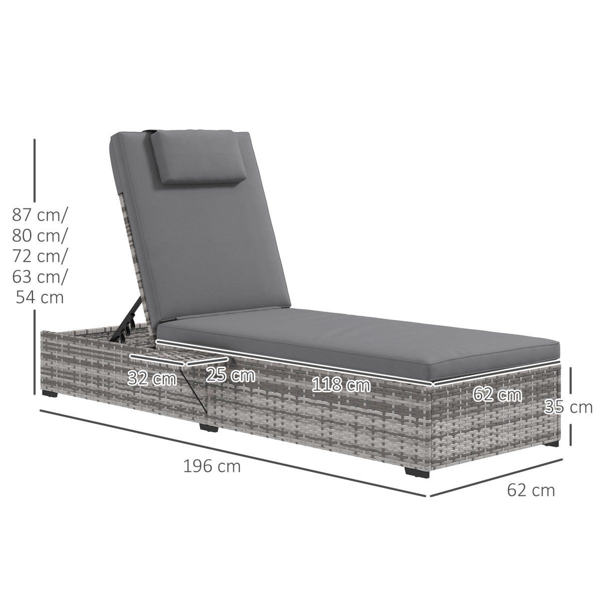 Outsunny Grey Rattan Lounger with Cushion, 5-Level Reclining Sun Lounger
