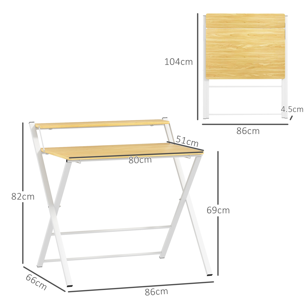 HOMCOM Folding Desk with 2-Tier Shelf, Maple Wood-Effect