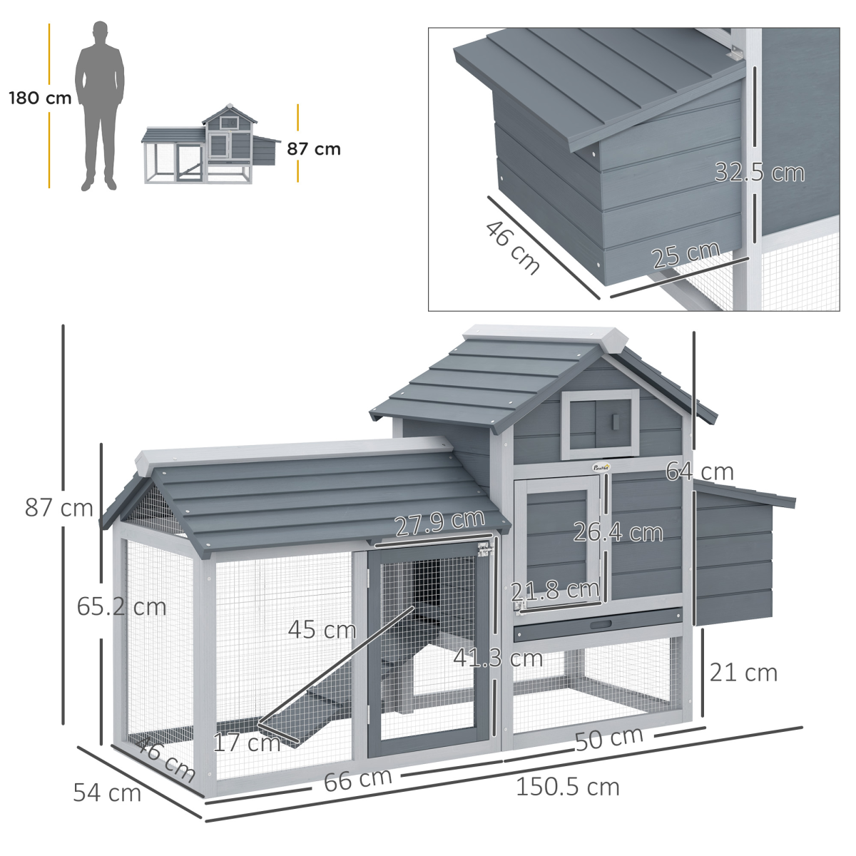 PawHut Small Chicken Coop with Outdoor Run and Nesting Box, Grey, 150.5 x 54 x 87 cm
