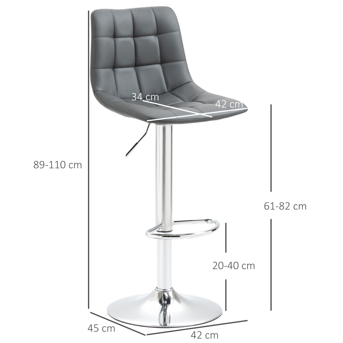 HOMCOM Set of 2 Adjustable Swivel Breakfast Dining Stools with Footrest, Faux Leather, Grey