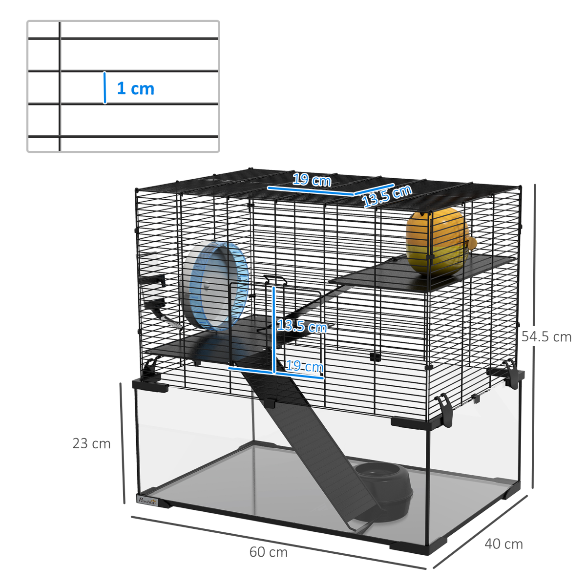 PawHut 3-Tier Hamster Cage with Glass Bottom, Dish & Hut, 60x40x57cm