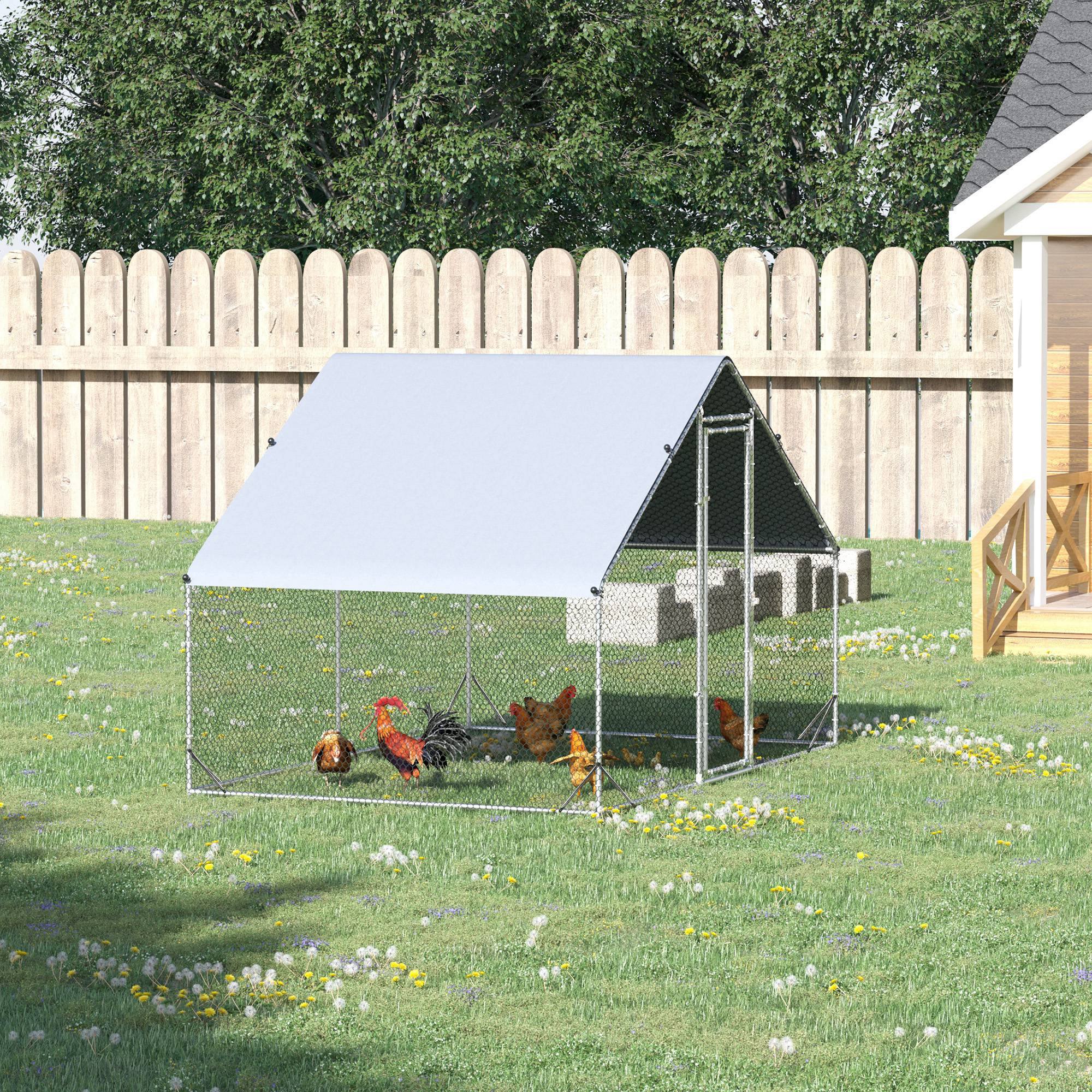 PawHut Walk-In Chicken Run Galvanized Steel Chicken Coop Hen House with Water-Resistant Cover