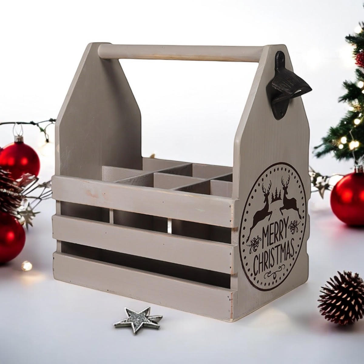 Rustic Grey 6-Bottle Holder with Opener, Hand Finished