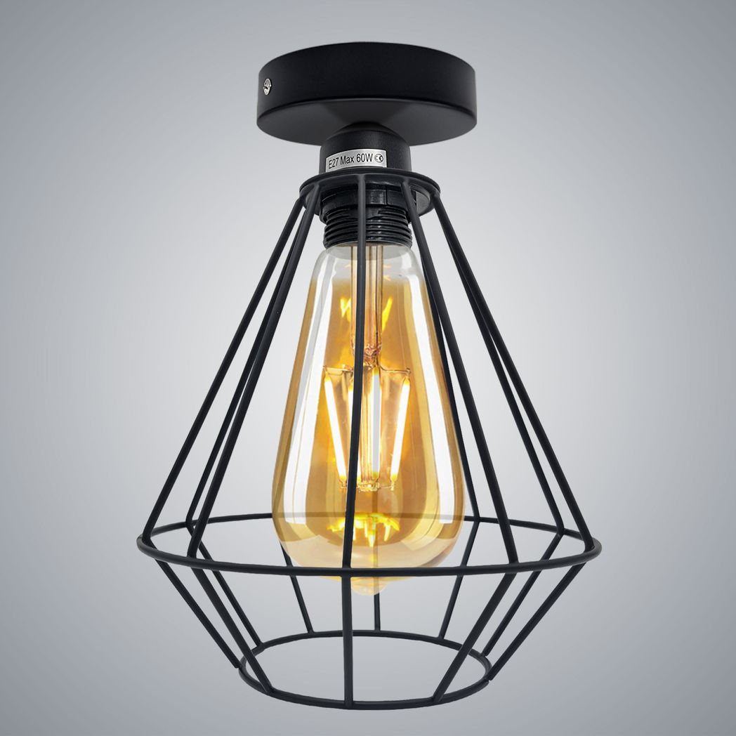 Vintage Industrial Geometric Wire Cage Ceiling Light with Metal Ceiling Rose, E27 Holder