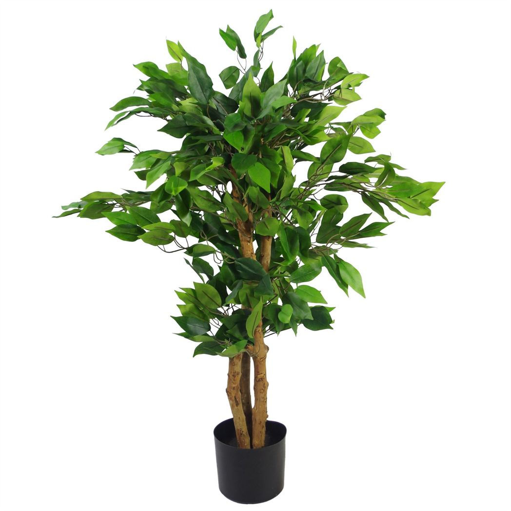 90cm Artificial Evergreen Ficus Tree with Wired Stems in Plain Plastic Pot