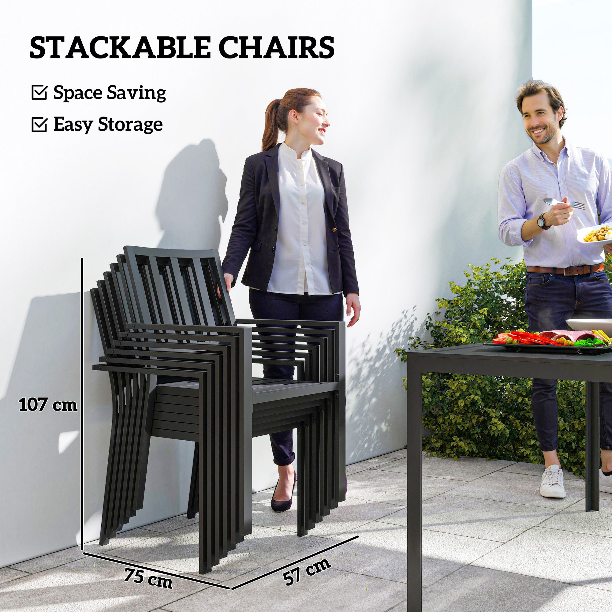 Outsunny 7 Piece Outdoor Garden Dining Set with Metal Table and 6 Stackable Armchairs, Black