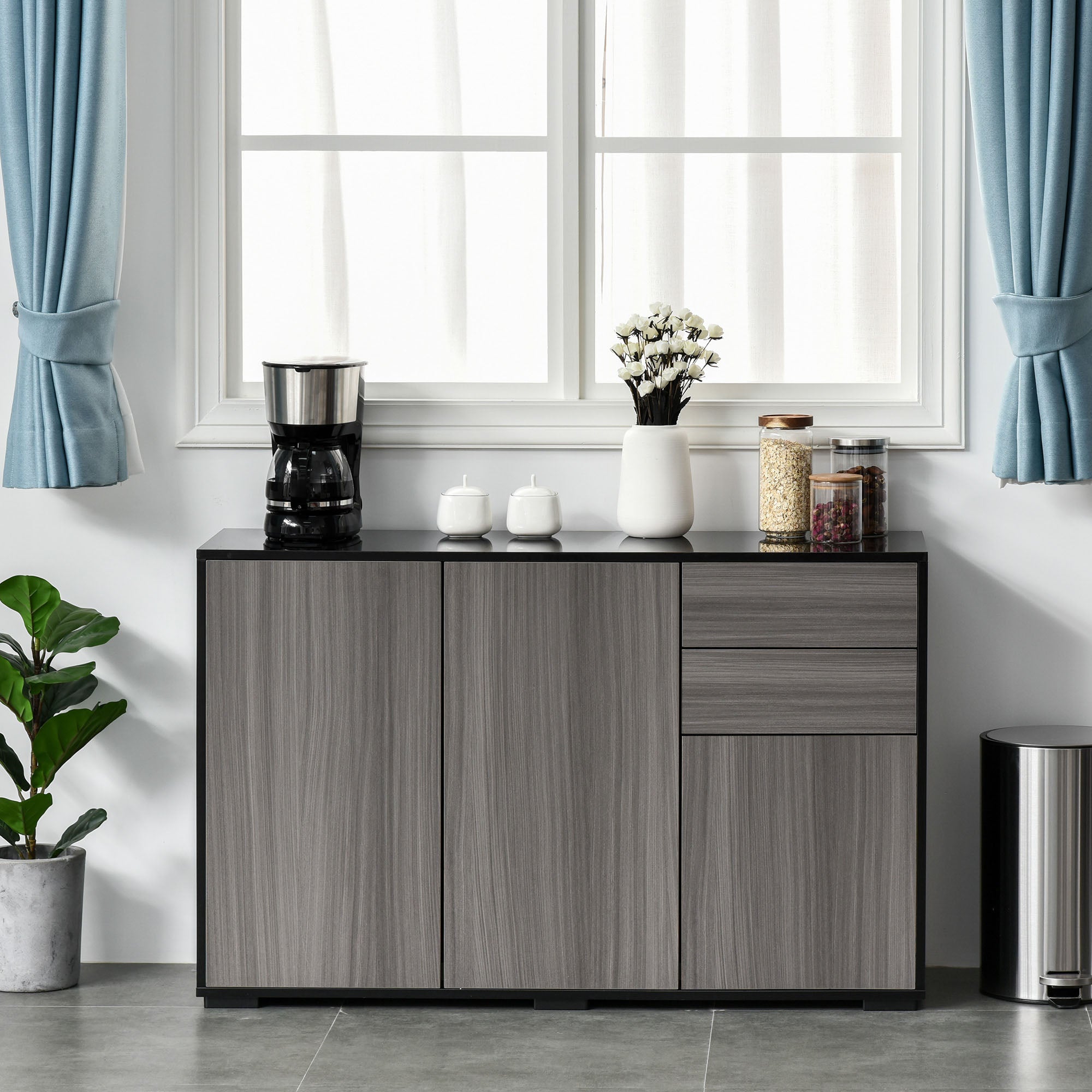 Side Cabinet with 2 Doors and 2 Drawers, Freestanding Home Office Storage Cabinet, Grey Black