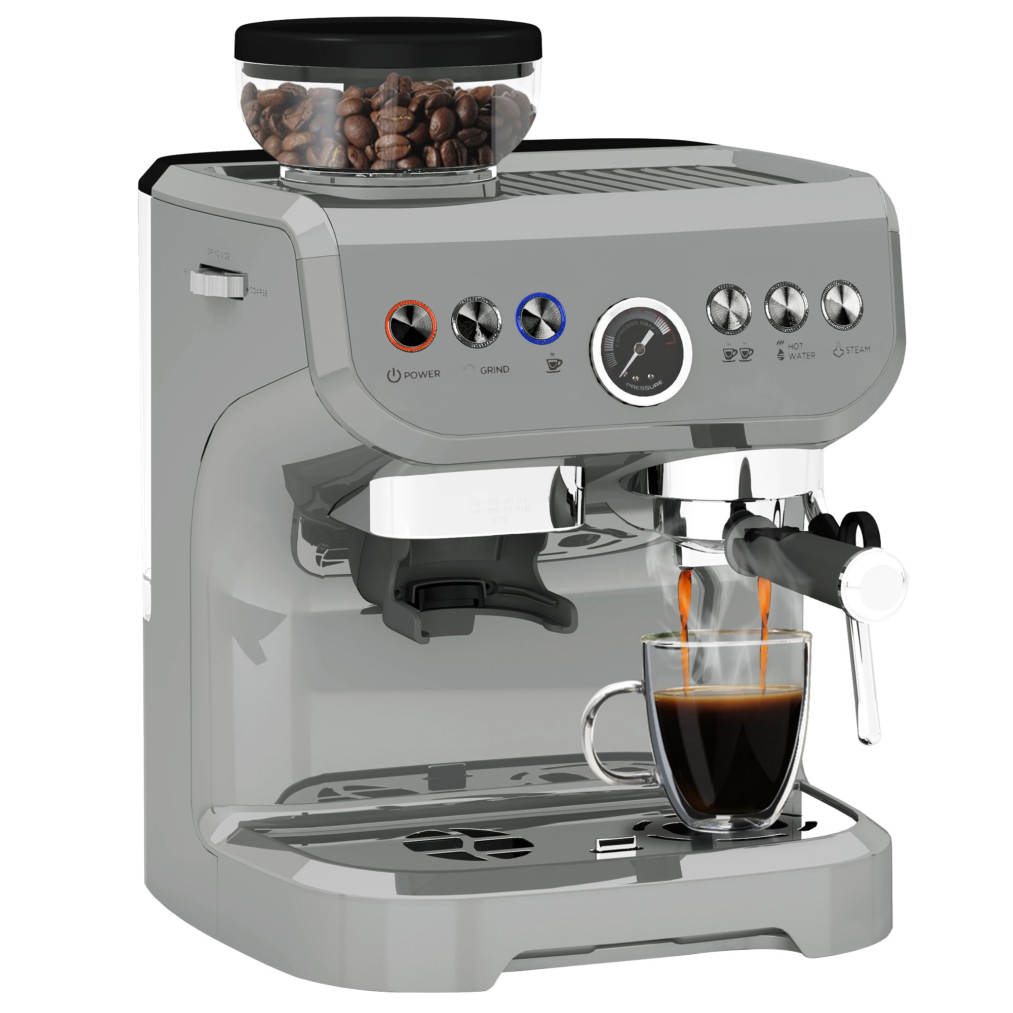 HOMCOM Espresso Machine with Bean Grinder, Steam Wand, 15 Bar, Silver