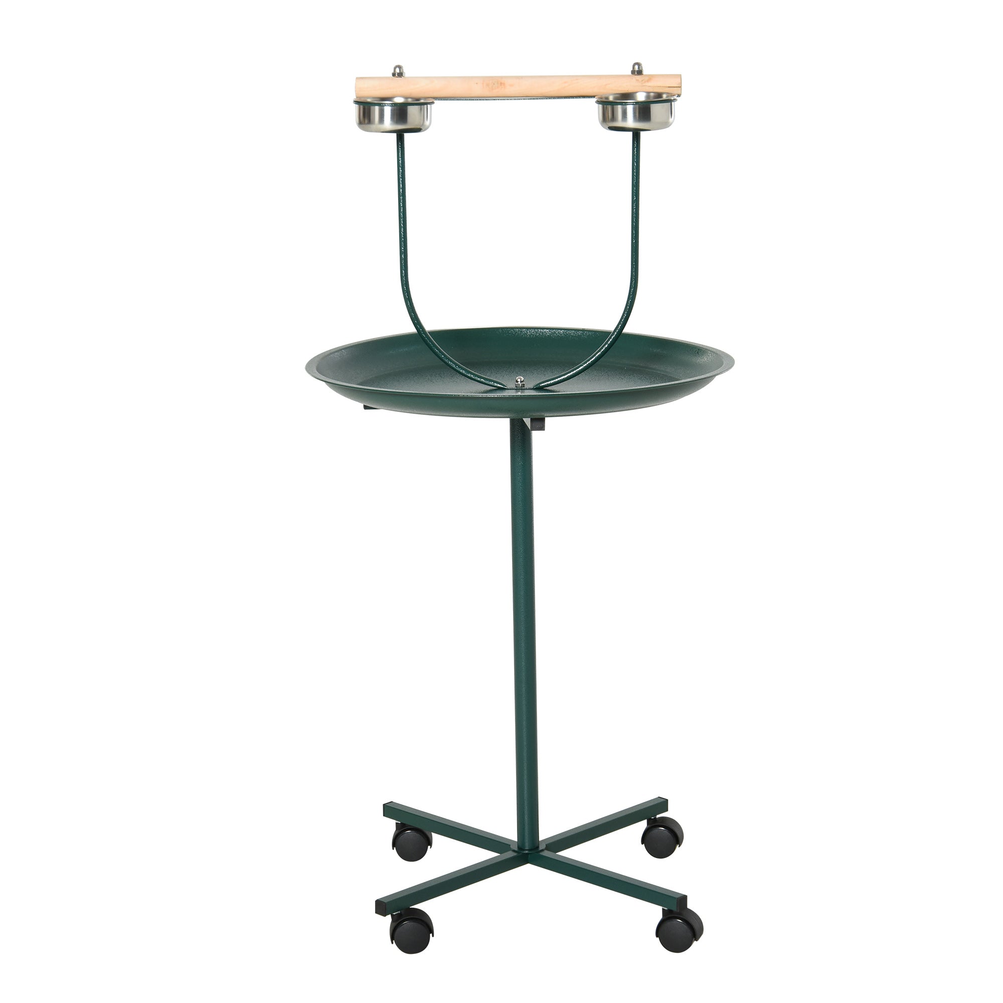 PawHut Bird Perch Stand T-Stand with Wooden Perch, Tray, 2 Stainless Steel Bowls, Wheels, Green
