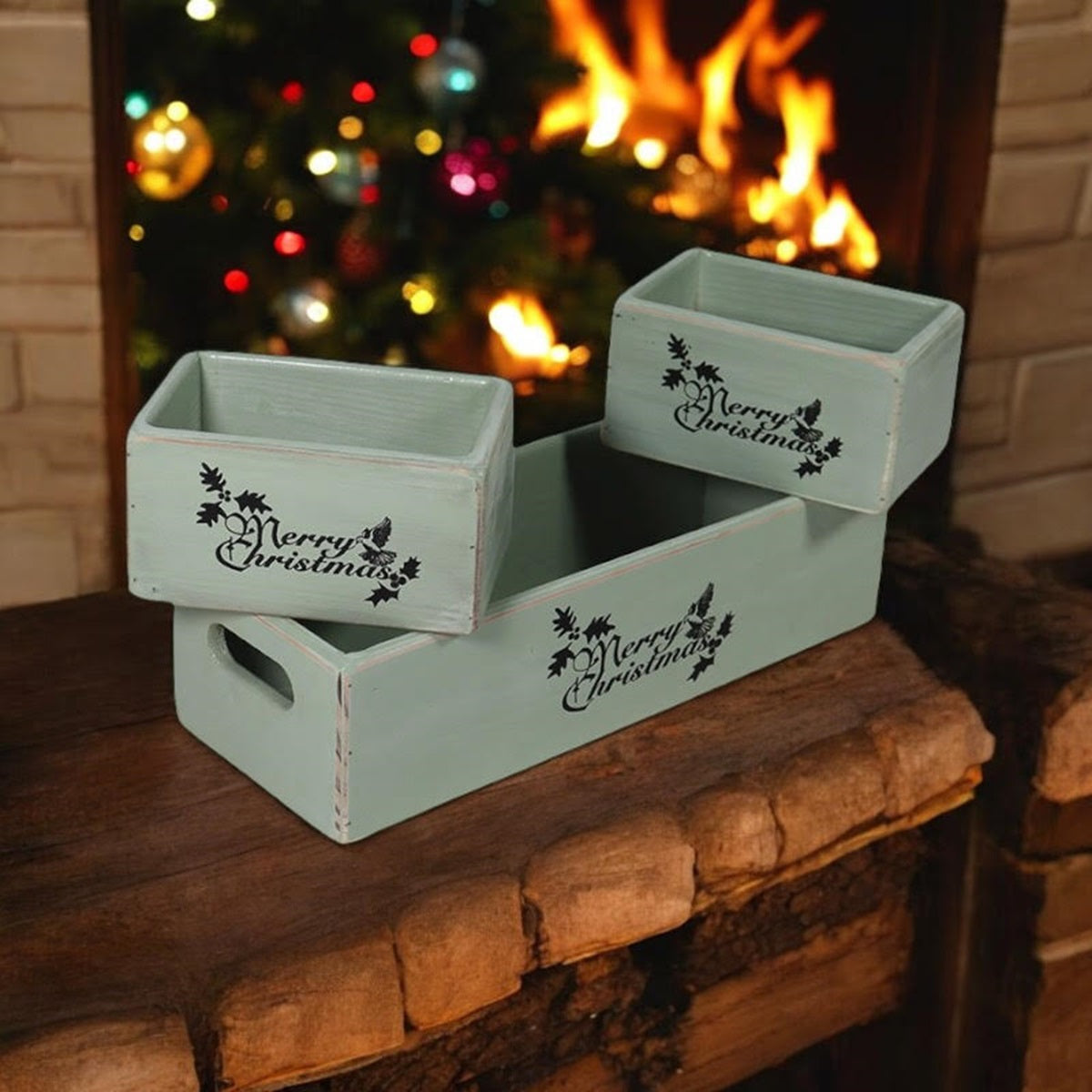 Set of 3 Rustic Green Wooden Christmas Boxes, 34/15/15CM, Hand Finished, Ready to Fill