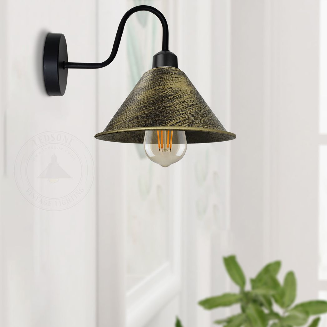 Vintage Brushed Brass Black Wall Sconce, E27 Cone Shade