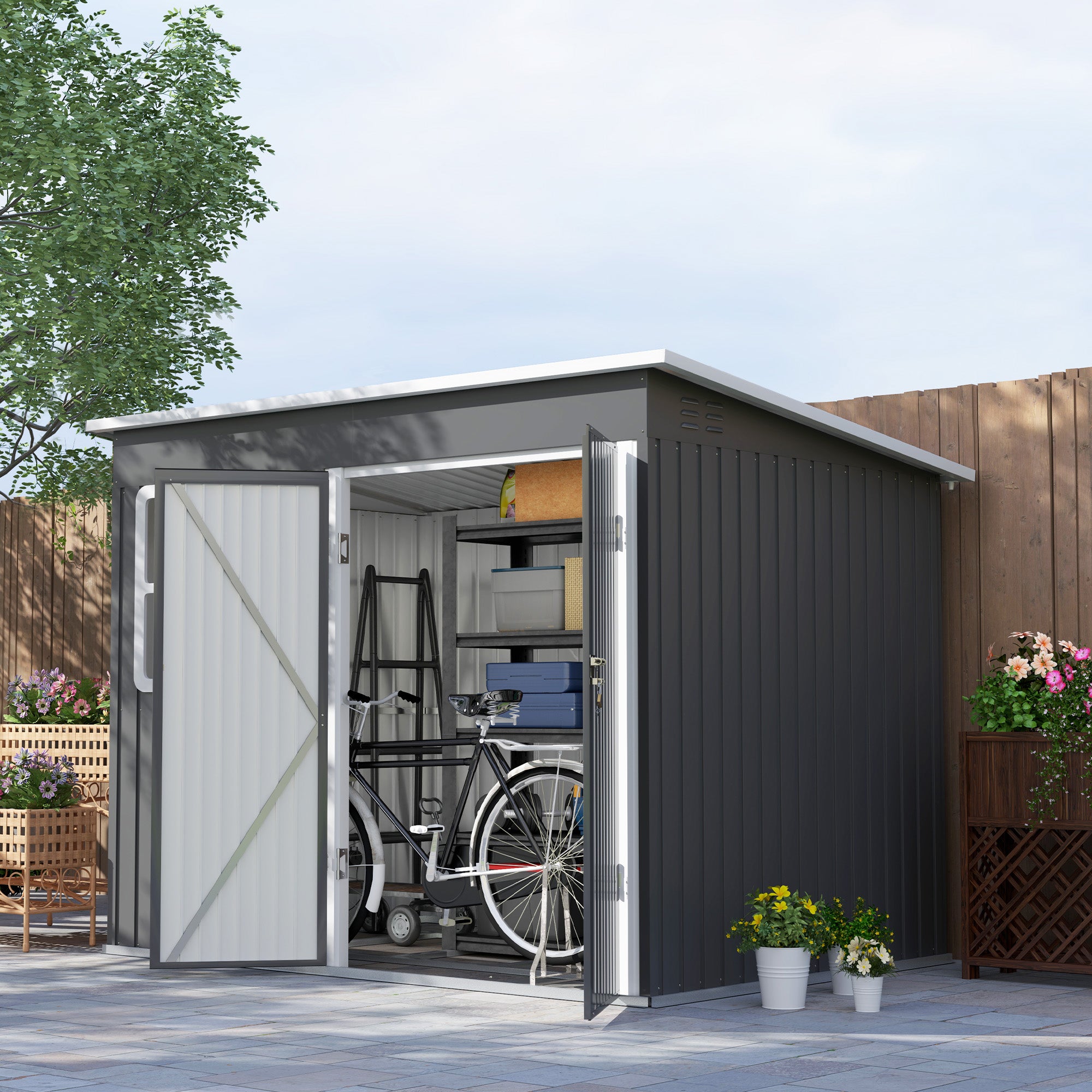 Outsunny Galvanised Steel Garden Shed with Foundation Kit, Dark Grey