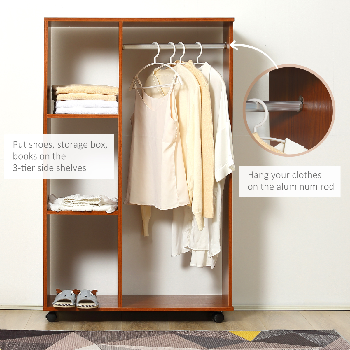 HOMCOM Walnut Open Wardrobe with Hanging Rail, Shelves, Cubbies and Wheels