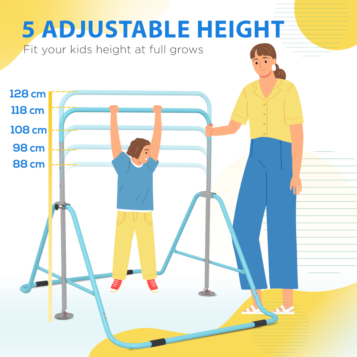 HOMCOM Kids Adjustable Gymnastics Bar, Foldable Steel, Green, 3+