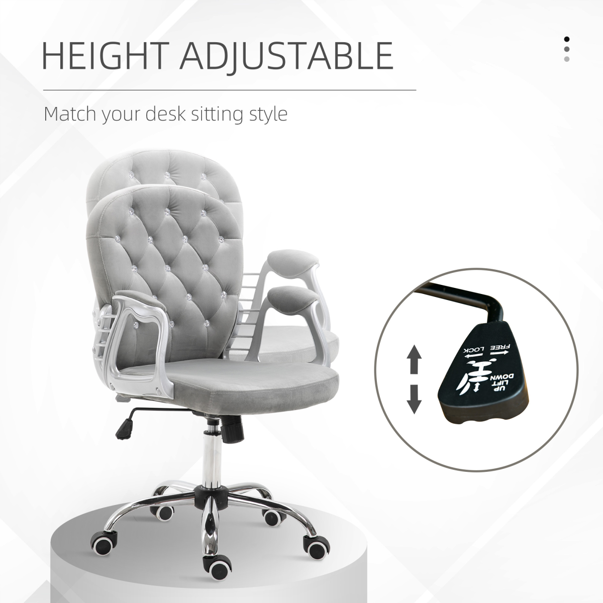 Grey Velour Diamond Tufted Office Chair, Adjustable 360° Swivel
