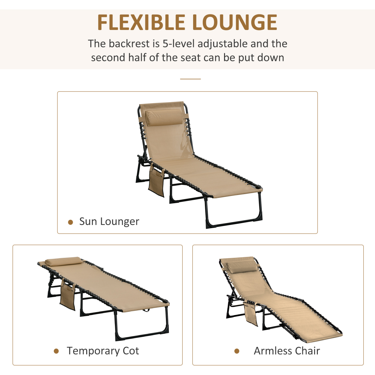 Outsunny Portable Sun Lounger with 5-Position Adjustable Backrest, Removable Pillow, Side Pocket, Foldable Steel Frame, Weather-Resistant Mesh Seat
