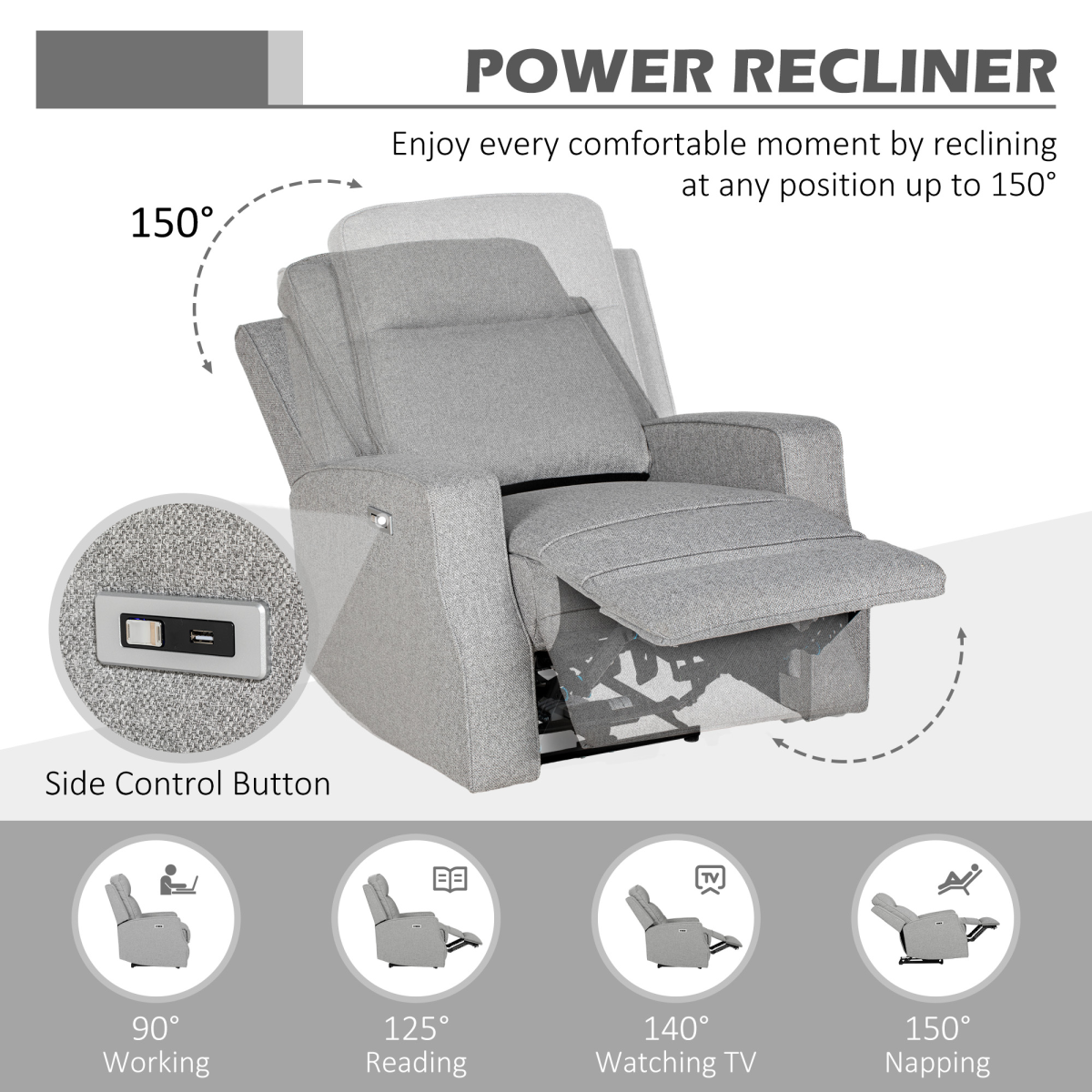 HOMCOM Grey Electric Recliner Armchair with USB Port