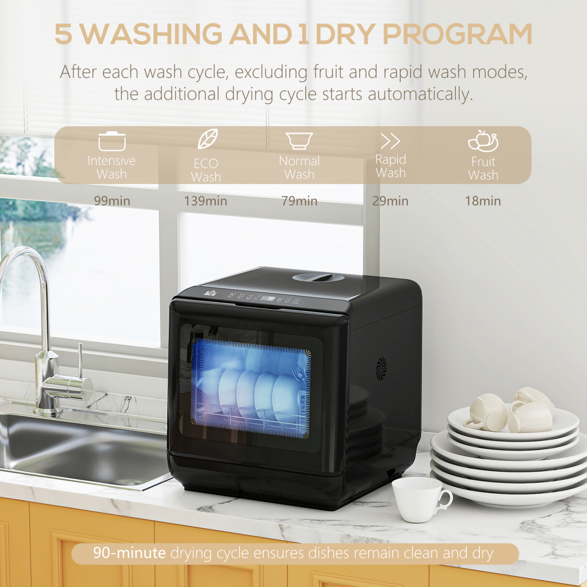 HOMCOM Countertop Dishwasher, Dual Water Supply, 5 Cycles, Black
